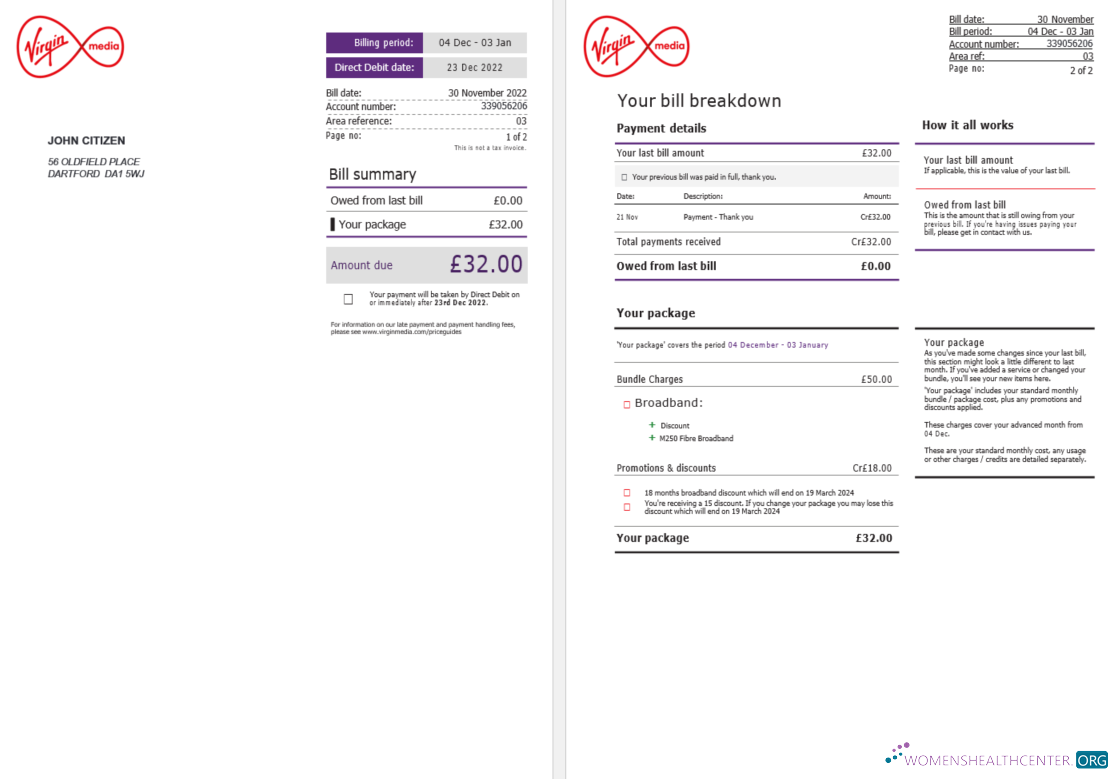 Download United Kingdom Virgi Media invoice Word and PDF template, 2 pages Photoshop template